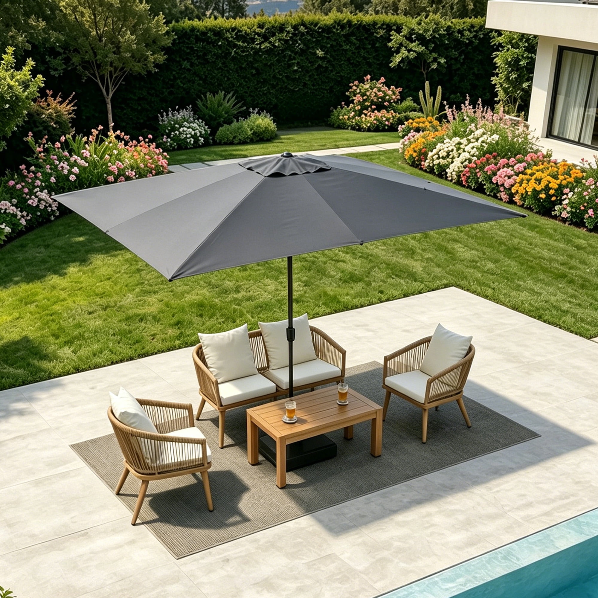 Kool 10x6.5ft Rectangular Patio Umbrella with Crank Handle, Outdoor Market Umbrella with 6 Sturdy Umbrella Ribs, Waterproof, Dark Gray