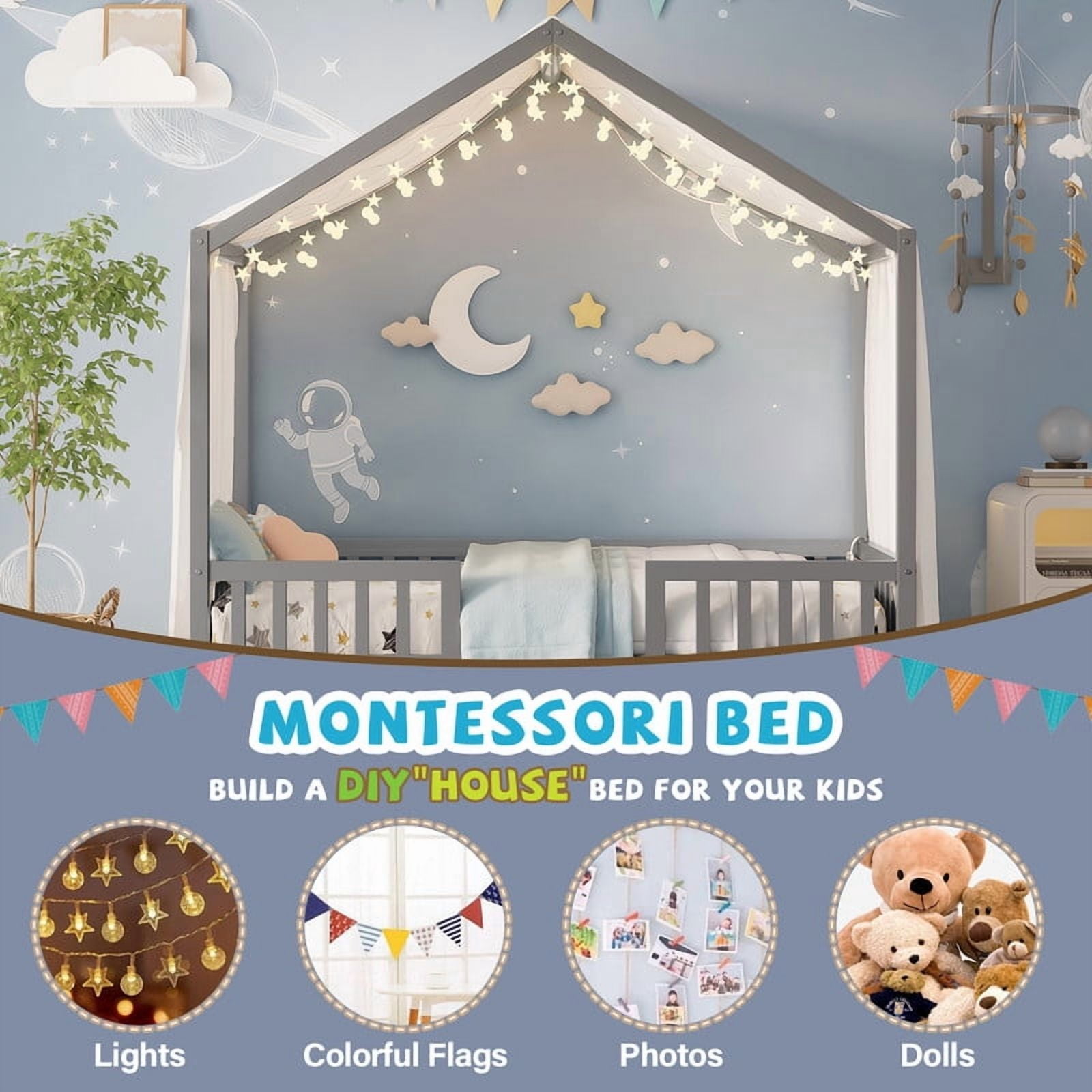Bellemave Twin Size Canopy Bed, Montessori Floor Bed with High Railings, Wooden Twin Bed with Roof, House Shaped Bed Twin, Grey