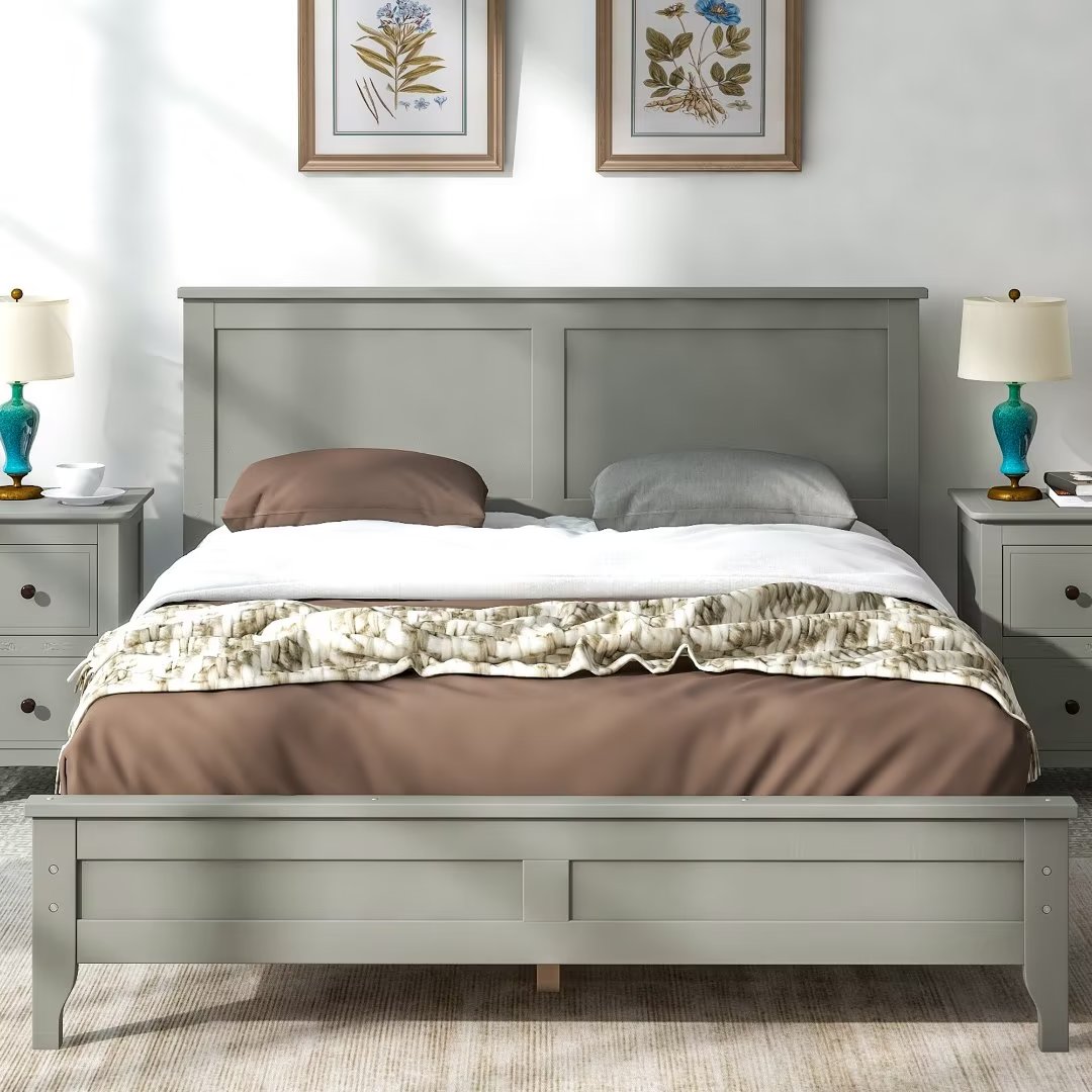 Full Size Platform Bed with Headboard and Footboard, Solid Wood Bed