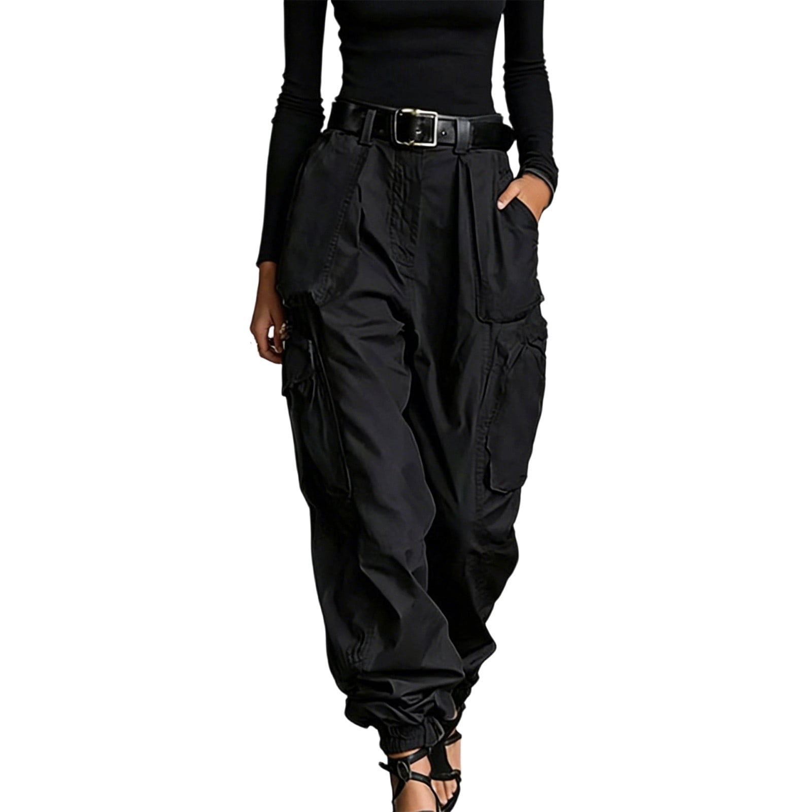 Ke1Clo Cargo Pants for Women Solid High Waisted Wide Leg Belted Full Length Pants with Pocket Spring Fall Casual Street Trendy Loose Pants Black S