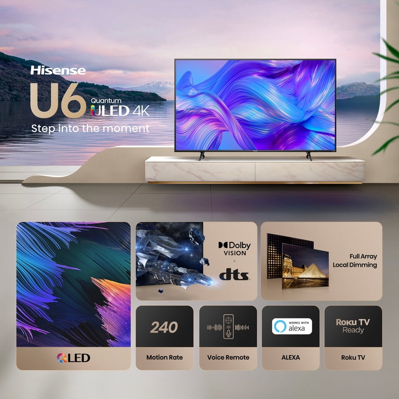 Hisense 65" Class U6HR 4K UHD LED LCD Roku Smart TV 65U6HR front and back view