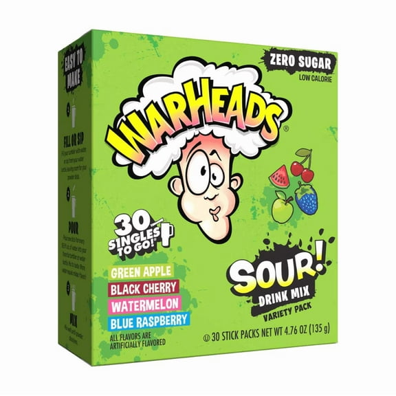 Warheads Sour Drink Mix Variety Pack, 30 Singles To Go, Powder Sticks, Green Apple, Black Cherry, Watermelon & Blue Raspberry Flavors