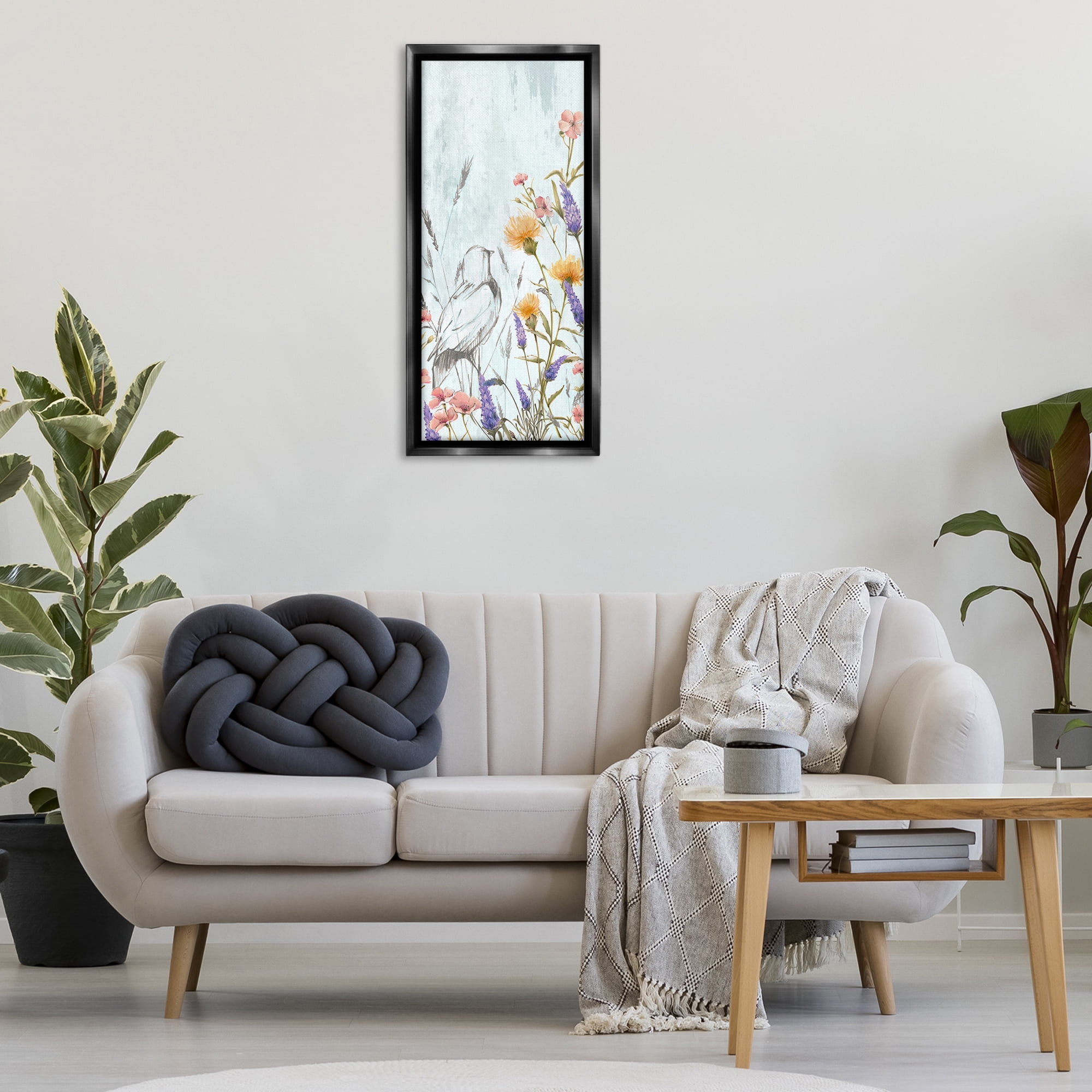Stupell Industries Bird Outline with Wildflowers Plants & Flowers Painting Black Floater Framed Canvas Art Print Wall Art, 14 x 31