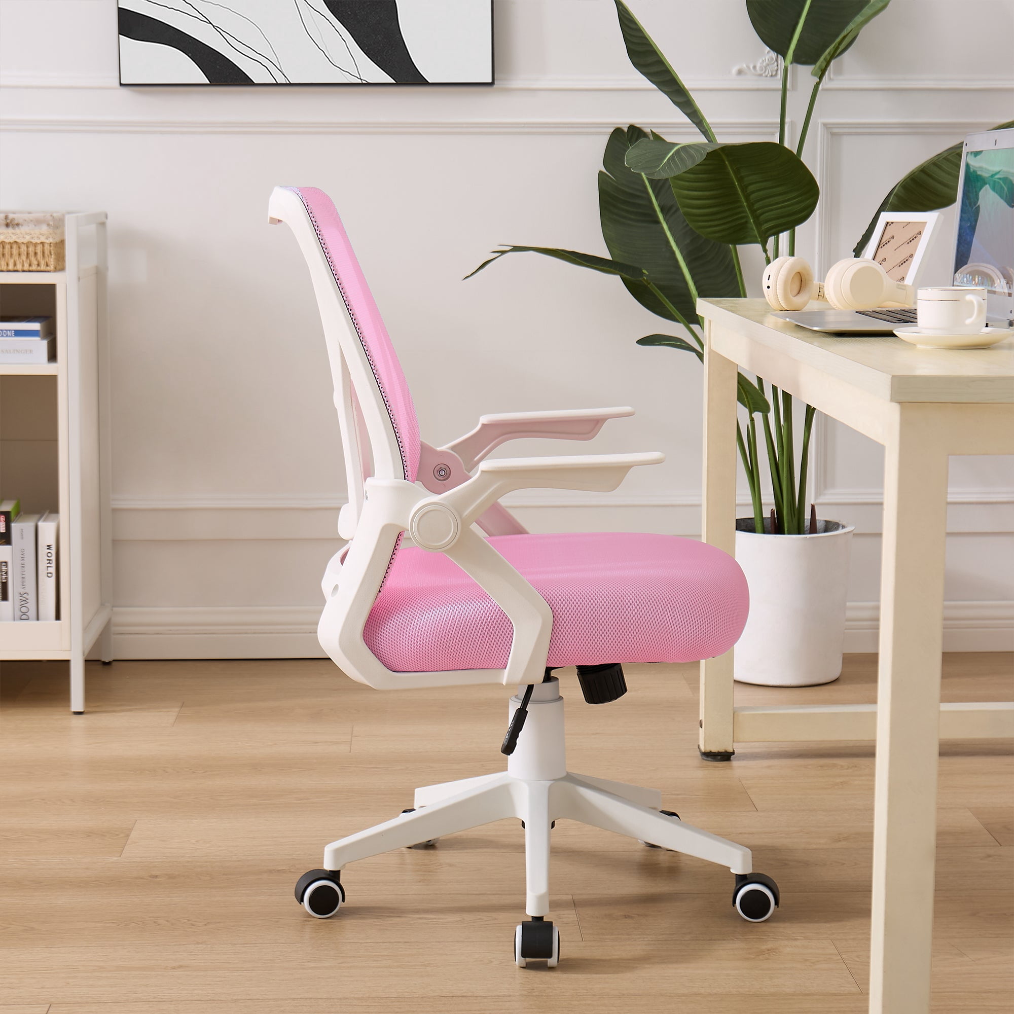VECELO Mid-Back Swivel Adjustable Ergonomic Office Chair, Mesh Lumbar Support and Adjustable Arms Task Chair for Computer, Pink