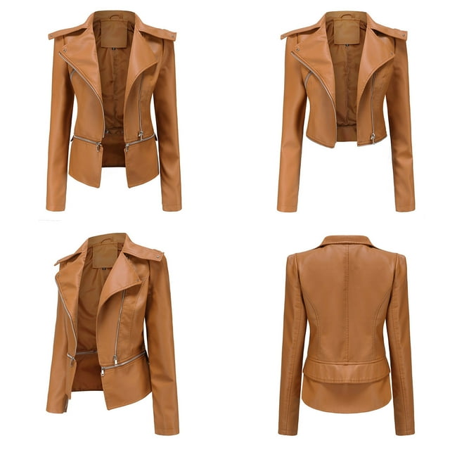 DPTALR Veste Manteau Moto Coupe Ajustée en Cuir pour Femmes avec Col Montant Fermeture à Glissière Ceinture