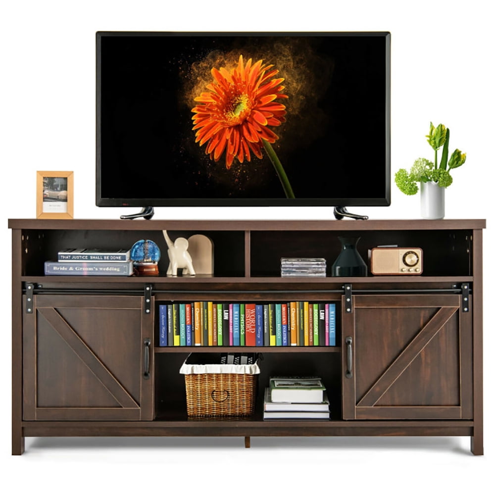 Finihen TV Stand, TV Cabinet, 59 Inch Sliding Barn Door TV Stand with Adjustable Shelves for TVs up to 65 Inch, for Living Room, Bedroom, Brown