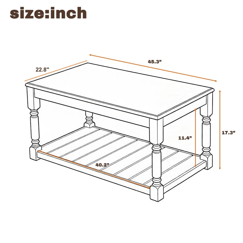 Vintage Rectangular Center Coffee Table with Sculptural Spindle Solid Wood Legs, 2-Tier Traditional Wooden Cocktail End Table