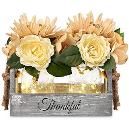 Mason Jar Centerpiece for Table - Table Center Pieces Decor Dining Room with Led Fairy Lights & Flowers, Coffee Centerpiece Decor, New Home Gift (Clear Jars X 2)