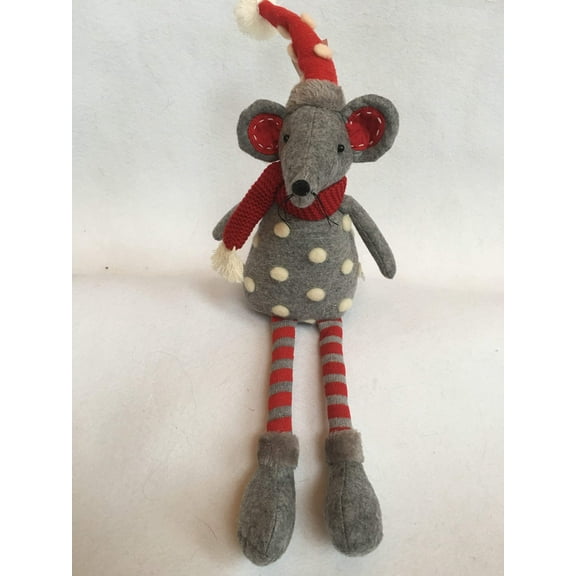 Christmas Red and Gray Plush Mouse with White Snow Ball Sweater and Hat