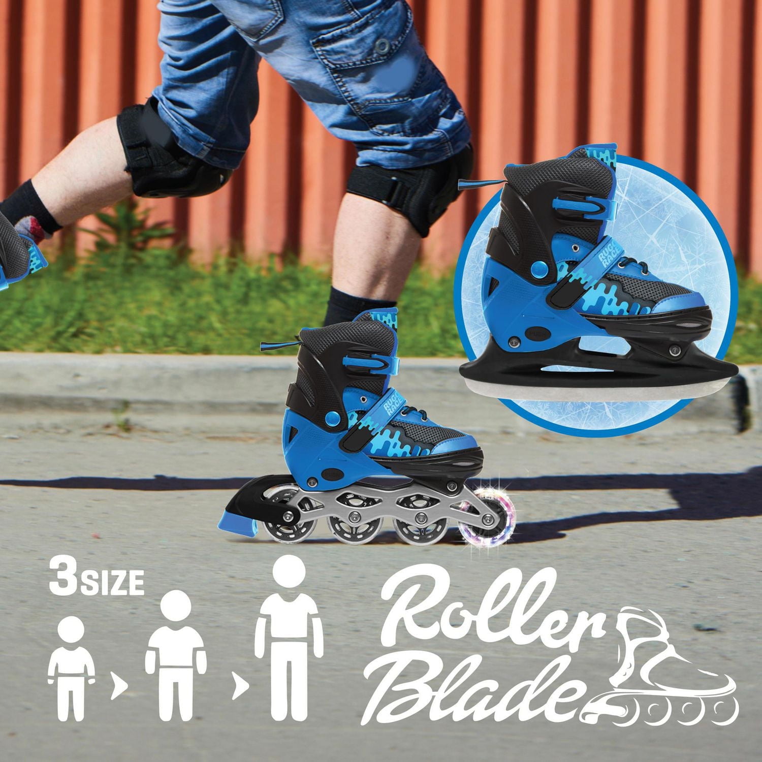 Patins à roulettes et patins à glace ajustables et convertibles Rugged Racer pour enfants - Moyen - Bleu