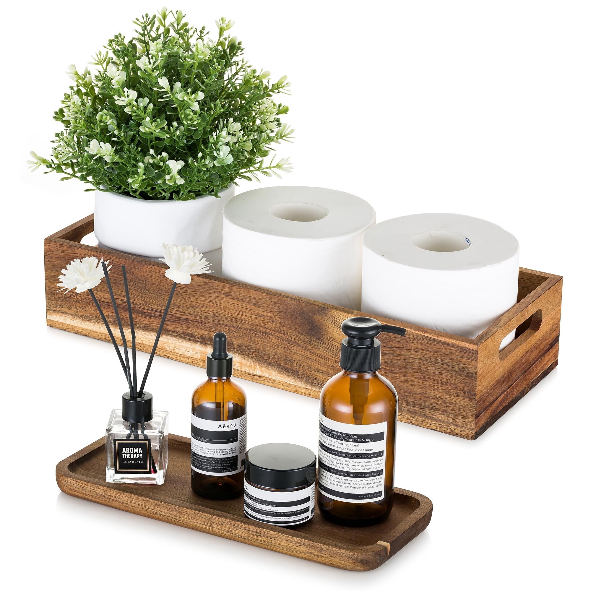 Hanobe Bathroom Toilet Tank Basket Tray: S/2 Toilet Paper Topper with Vanity Tray Organizer Toiletry Storage Holder Box
