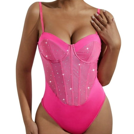 ERkkoi Women s Shapewear Bodysuit Tummy Control Corset Mesh Sheer Sleeveless Shirts Tops Y2K Body Suits For Womens Pink M