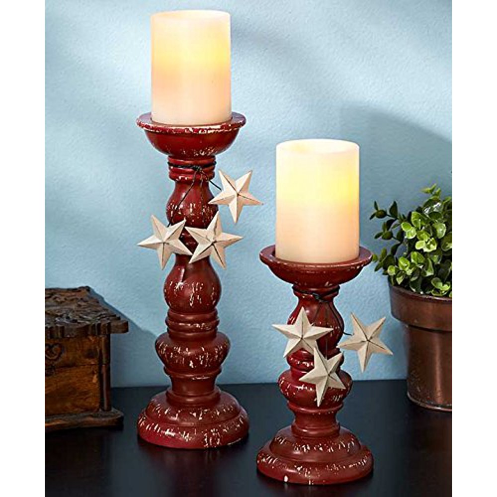 Set of 2 Primitive Country Rustic Stars Pedestal Pillar Candle Holder Home Accent Decoration