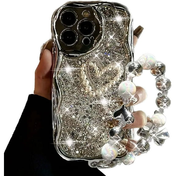 for iPhone 15 Pro Max Case with Beaded Marble Wrist Strap Super Sparkly Phone Case with Silvery Foil Glitter Rhinestone Pearl Cute Love Heart Girly Women Phone Case for iPhone 15 Pro Max