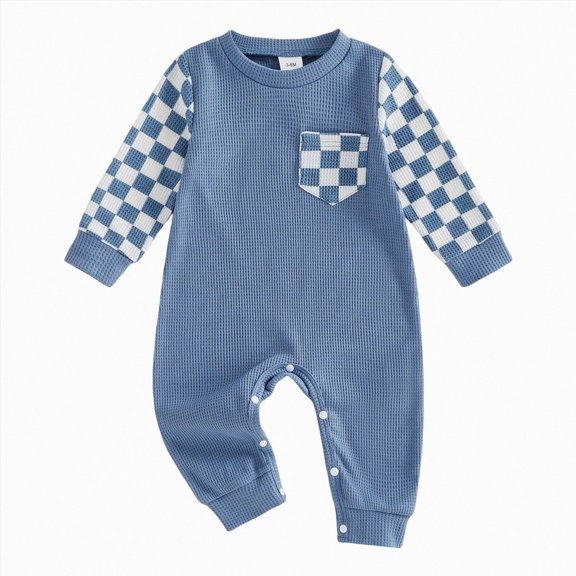 Wonitaaizi Newborn Baby Boy Fall Outfit Romper Long Sleeve Plaid Print Jumpsuits Cute Infant Clothes (6-12 Months,Blue)