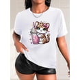 thumbnail image 1 of Camiseta para mujer verano SuaveWomen's Casual Fashion T-Shirt with Leopard Print, Floral Cat Drinking Milk Tea Graphic, Round Neck, Short Sleeve, Polyester - Machine WashableFather's Day, Mother's, 1 of 7