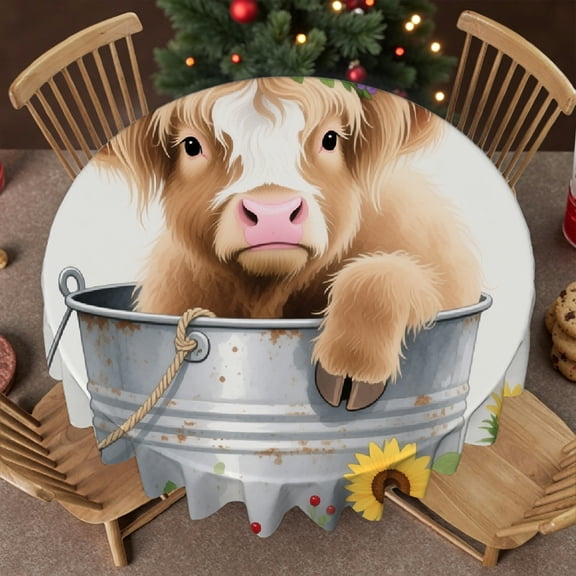 1pc Watercolor Highland Cow Print Family Round Tablecloth, Festive Table Setting Machine-Made, Watercolor Highland Cow