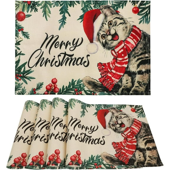 Christmas Cat Placemats Set of 4,Non-Slip Washable Kitchen Table Mats Christmas Dining Placemats for Indoor Outdoor Party Xmas Table Decoration,12x18 inch
