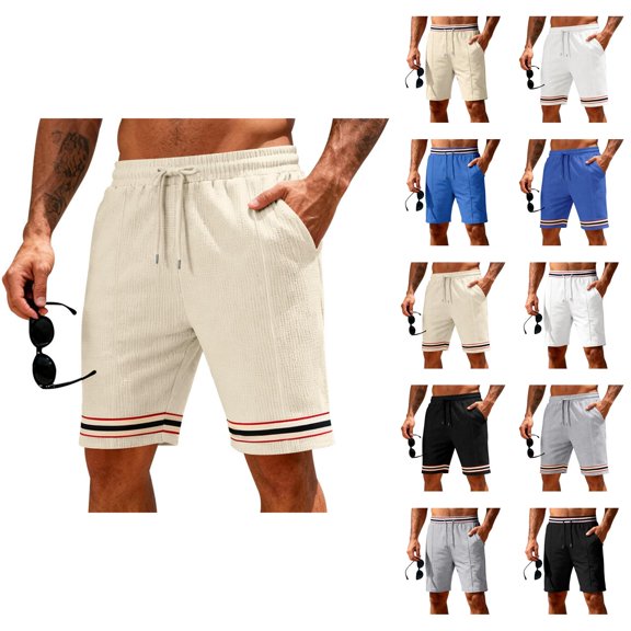 Bermuda Shorts for Men Summer Casual Waffle Knit Elastic Waist Straight Leg Slim Fit Beach Shorts with Pockets
