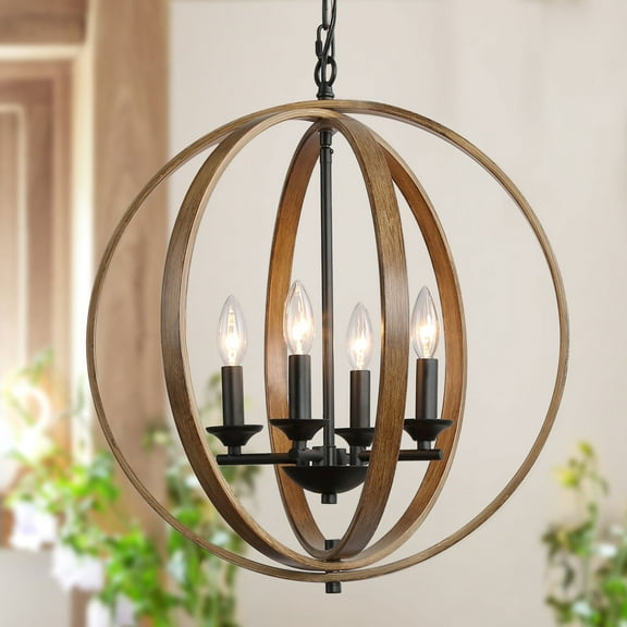 LNC  Farmhouse Globe Pendant Light LED 4-Light Black Kitchen Island Pendant Chandelier with Faux Wood Accent