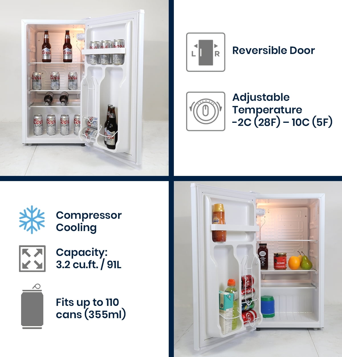 Coors Light 3.2 cu ft (90L) Compact Fridge with Bottle Opener, 95 Quart Capacity, Portable for Snacks, Beverages, Beer, Dorm, Office, or RV