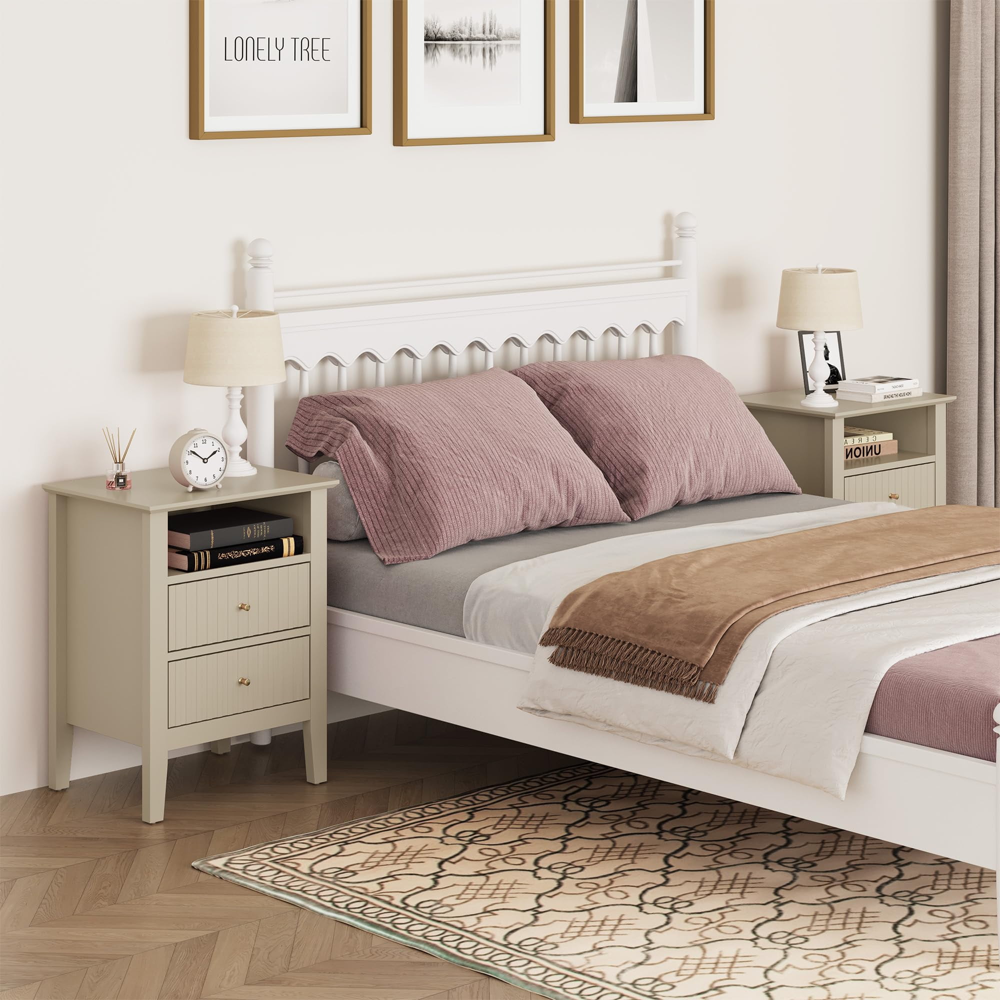 Heynemo Beige Fluted Nightstand with 2 Drawers Set of 2, Modern Wooden Sofa Table for Small Spaces, Tall End Table for Bedroom, Living Room