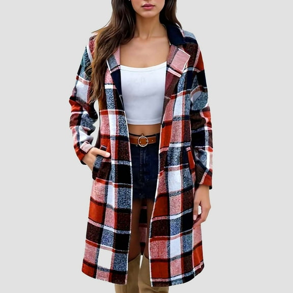 SYMOID Hot Pink Plaid Wool Blend Long Coat for Women - Mid-Length, Warm for Fall Winter, Open-Front, Inclusive Sizing S-XXL, Casual Outerwear,Size 2XL