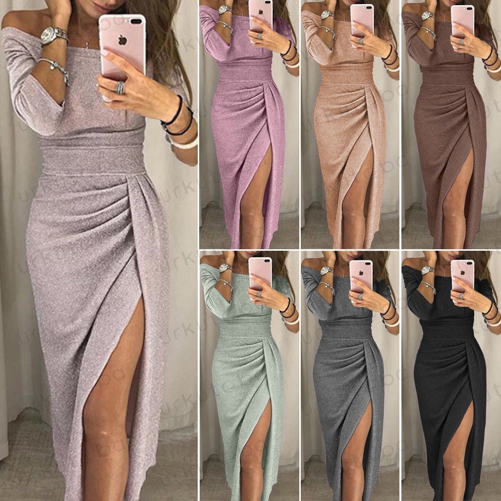 Women's Off Shoulder Long Sleeve Bodycon Slim Evening Cocktail Party Long Dress