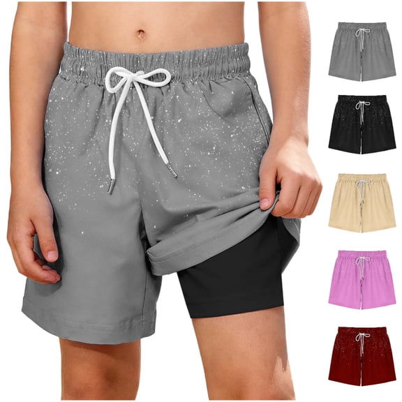 Afuyipoi ​Boys' Quick-Dry Swim Trunks (5-14Years), Summer Beach Sports Shorts with Double Layer Mesh Liner and Pockets Gray Size 7
