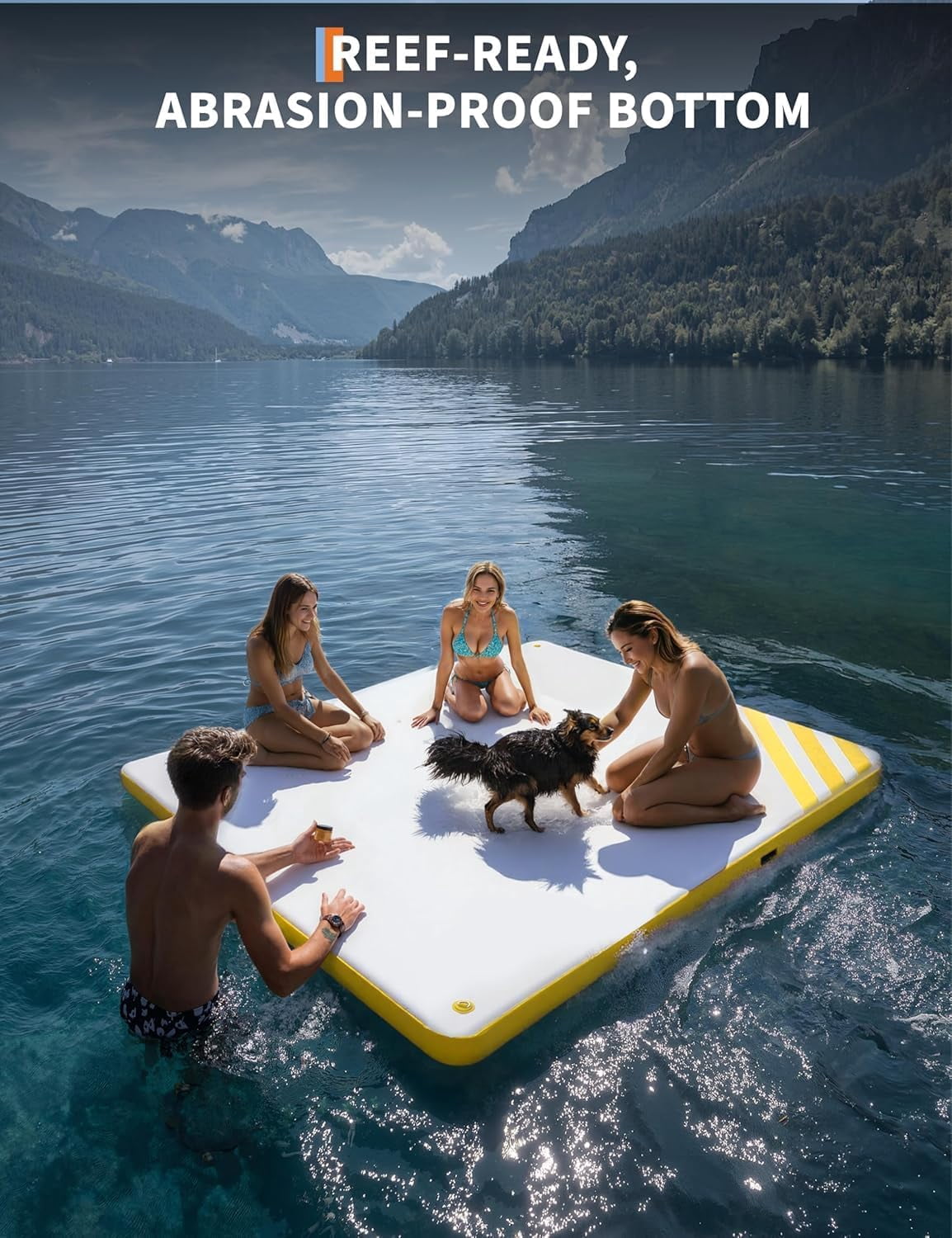 Yellow 8x6 FT Inflatable Floating Dock for Lakes – Thick, Non-Slip Swim Platform for Adults, Heavy-Duty Lake Float, Includes Pump, Ladder & Carry Bag – Rectangle