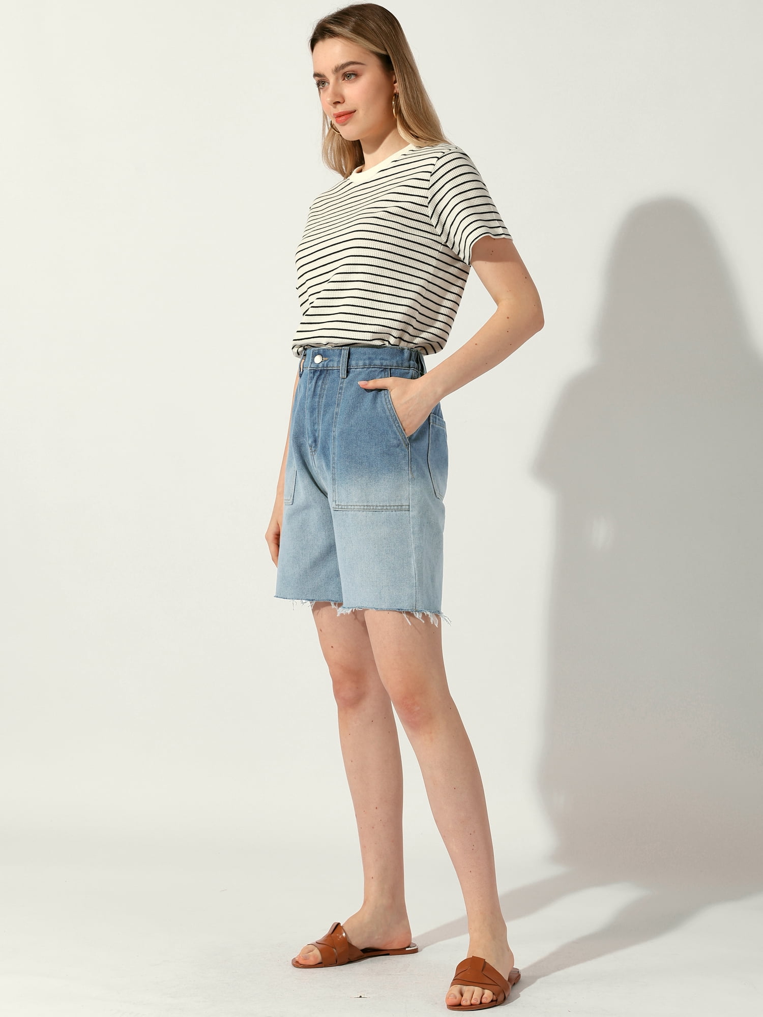 DARING DIVA Women's Denim Elastic Waist Straight Leg Denim Shorts L Blue