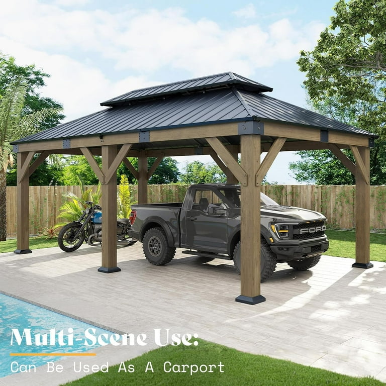 Jocisland 12x20 FT Hardtop Gazebo, Solid Wood Pavilion with Iron