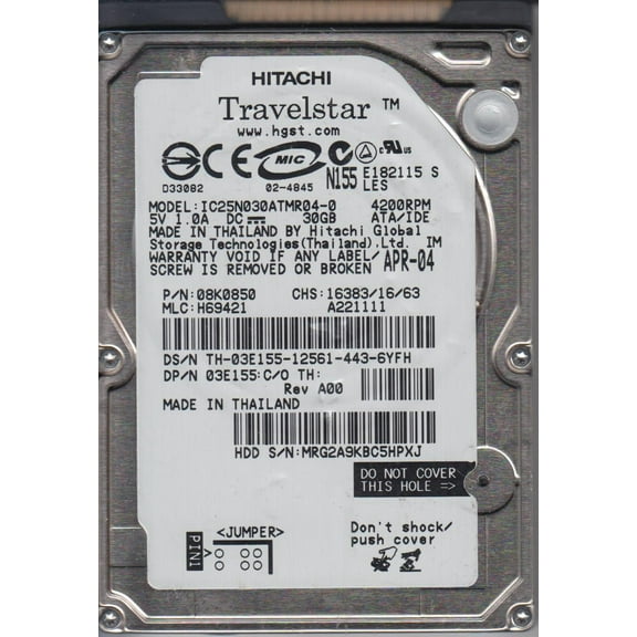 IC25N030ATMR04-0, PN 08K0850, MLC H69421, Hitachi 30GB IDE 2.5 Hard Drive
