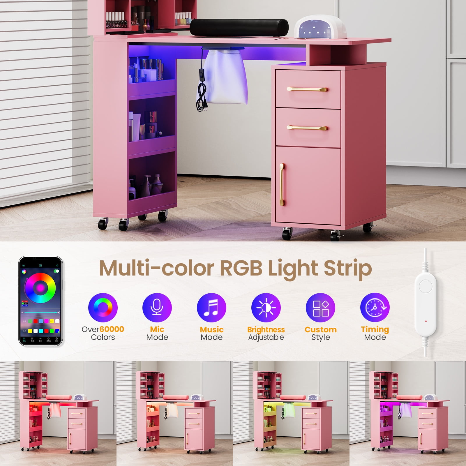 Advwin Professional Manicure Table with Extendable Nail Polish Cabinet, Dust Collector, LED Light & Wrist Rest, Rolling Nail Desk for Nail Tech, Beauty Nail Station for Home & Salon, Pink