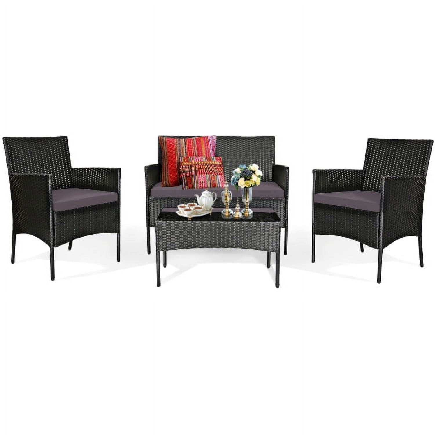 Aimee Lii 4 Pcs Patio Wicker Furniture Set, Cushioned Sofa Furniture with Tempered Glass Coffee Table, Small Patio Set, Gray Aimee Lii 4 Pcs Patio Wicker Furniture Set, Cushioned Sofa Furniture with Tempered Glass Coffee Table, Small Patio Set, Gray