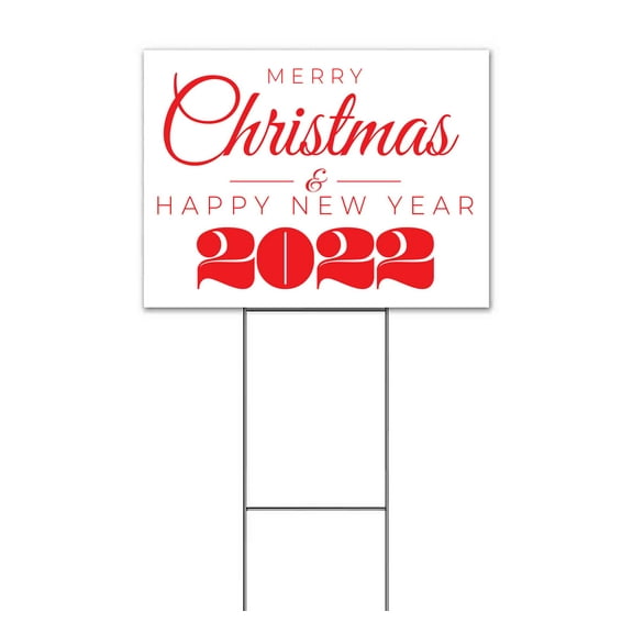 Merry Christmas Happy New Year 2022 (18" x 24") Yard Sign, Includes Metal Step Stake