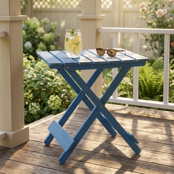 Folding Square Table, Outdoor Patio Table Solid Wood for Balcony Backyard, Portable Space-Saving Side Table with X-Frame – Blue