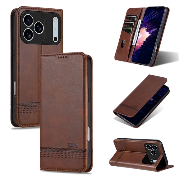 ELEHOLD For iPhone 17 Pro Max Flip Wallet Case with Card Slot, Soft PU Leather Kickstand Shockproof Protective Cover, Brown