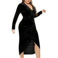 thumbnail image 3 of Womens Plus Size Long Sleeve Velvet Bodycon Dresses Elegant Ruched Wrap Deep V Neck Party Cocktail Dress Black XXXL, 3 of 9