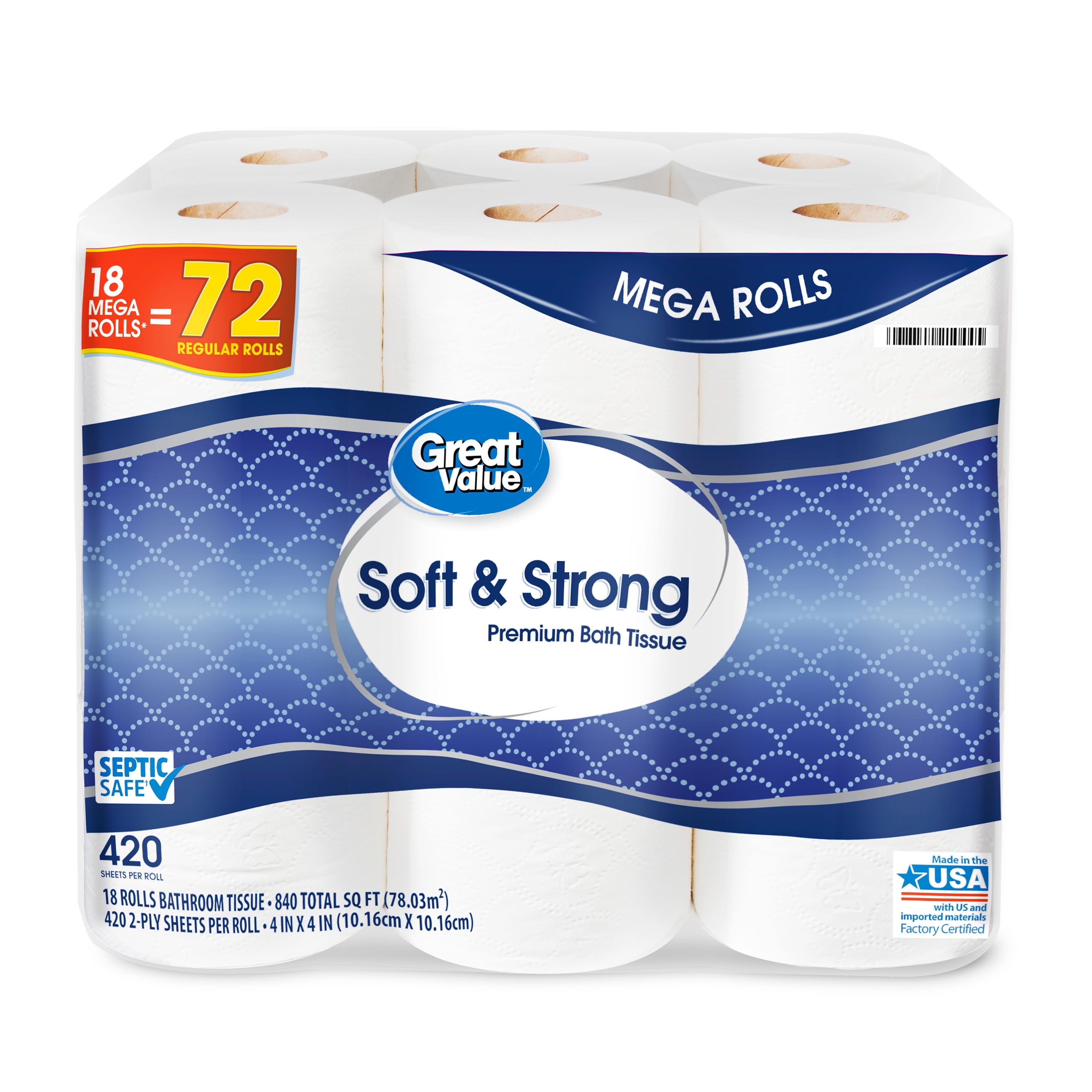 Great Value Soft & Strong Premium Toilet Paper, 18 Mega Rolls - Walmart ...