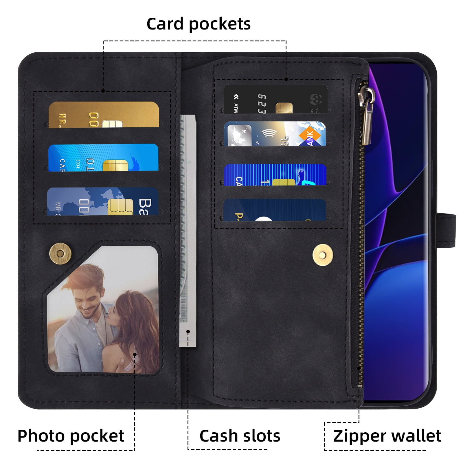 Asuwish Phone Case for Motorola Edge 2023/Edge 40 5G Wallet Cover With Tempered Glass Screen Protector Crossbody Wrist Strap Flip Pattern Zipper Credit Card Holder Cell Moto Edge2023 6.6 Women Black