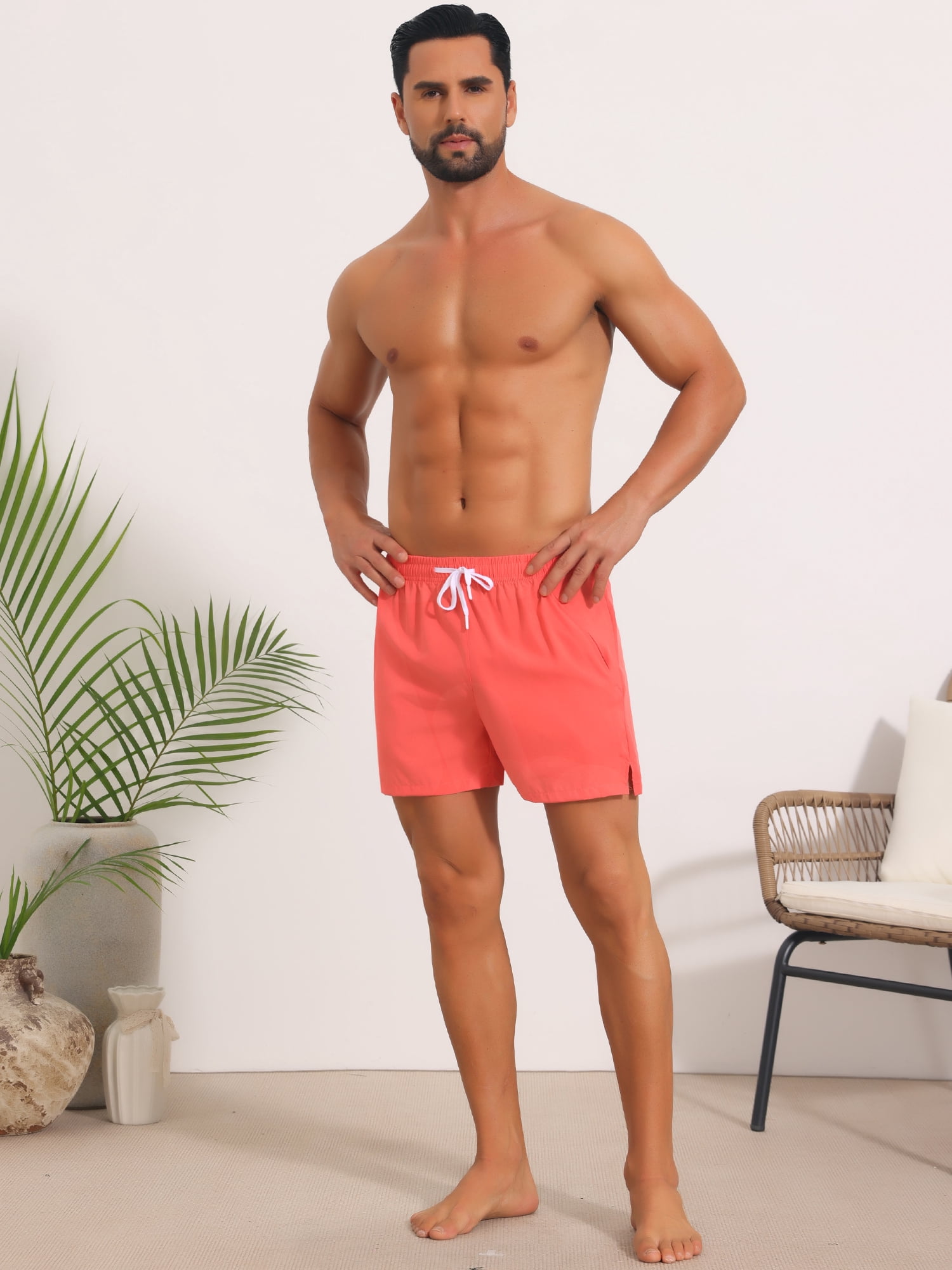 DARING DIVA Men's Summer Beach Elastic Waist Solid Board Shorts with Pocket 36 Light Red