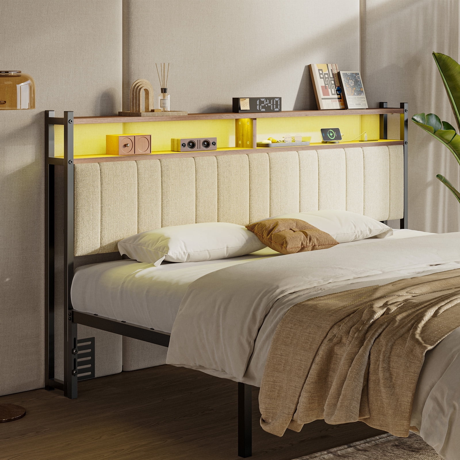 Pinmoco Headboard for King Size Bed with Storage, Linen Upholstered Head Board with LED Light and Charging Station, Beige (Headboard Only)