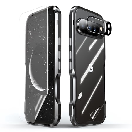 Dteck Minimalist Phone Case for Google Pixel 9 Pro XL Aluminum Metal Frame Bumper with Full Body Protective Film Screen Protectro Soft TPU Film Camera Lens Protector for Pixel 9 Pro XL Black