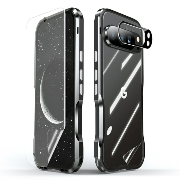 Dteck Case for Google Pixel 9 Pro, Aluminum Metal Frame Bumper with Screen Protector & Camera Lens Cover,Black