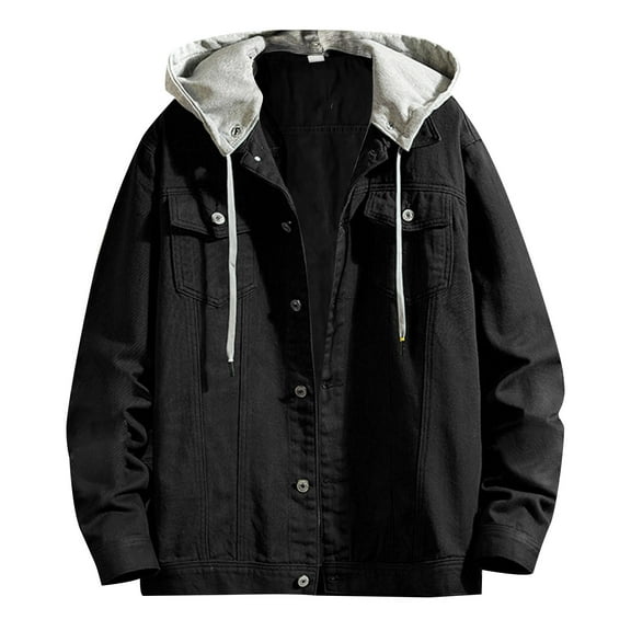 Rhuody Mens Winter Jacket Long Sleeve Spring Autumn Leisure Solid Color Buckle Hooded Denim Jacket Coat Handsome Outfits Black L