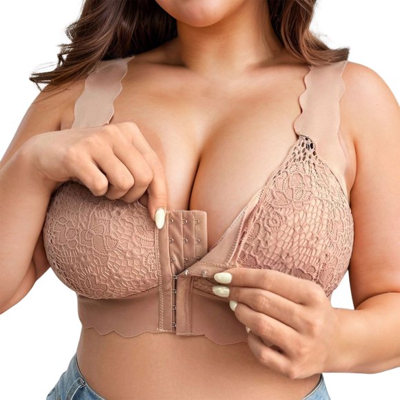 Arlun,Women's Deep V No Underwire Front Closure Bras Wireless Push up Soft Supportive Bralettes Ladies Seamless Sexy Lace Scallop Trim Wire-Free Bras for Large Breasts Beige 95E