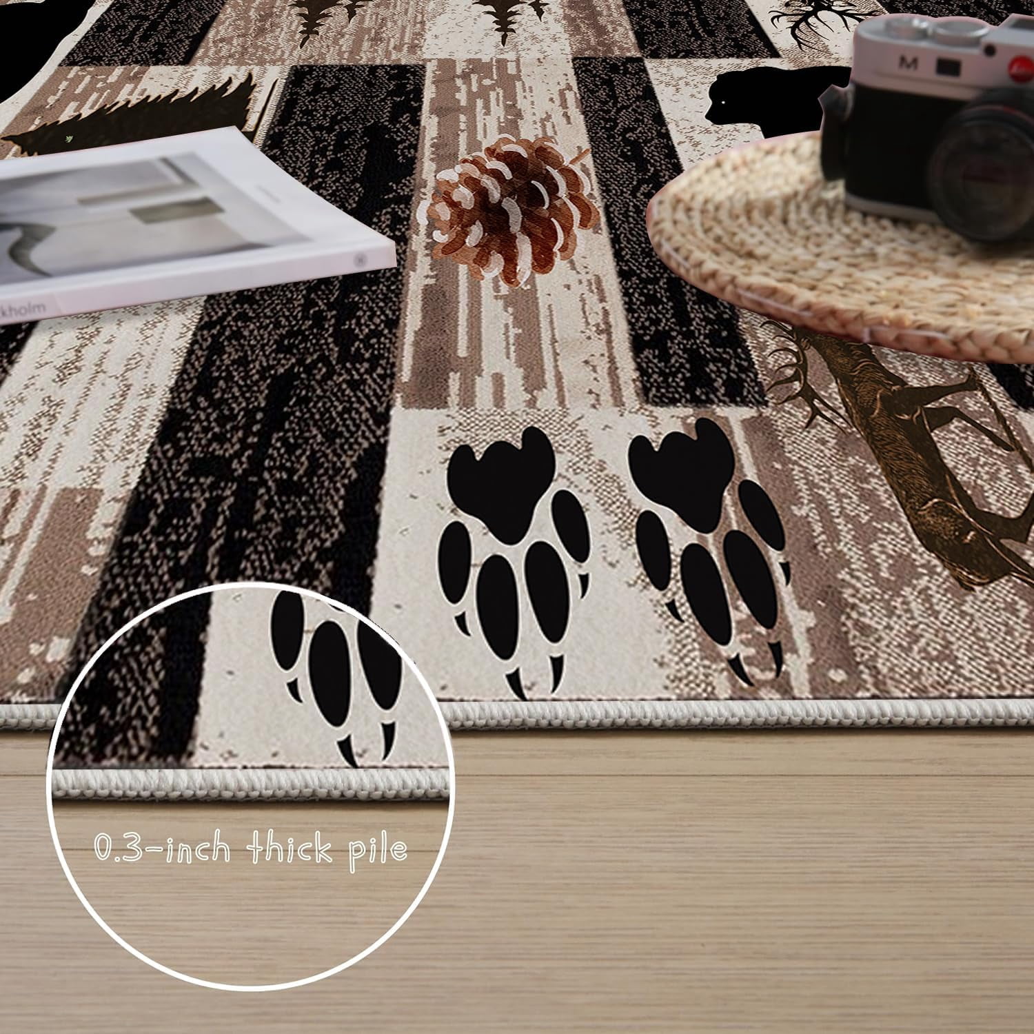 Rustic Lodge Runner Rug,2x7ft,Western Country Bear Elk Deer Wildlife Log Design,Forest Landscape Hunting Theme Rug,with Non Slip Backing Washable Rugs, Non Slip Pet Friendly Rug for Hallway