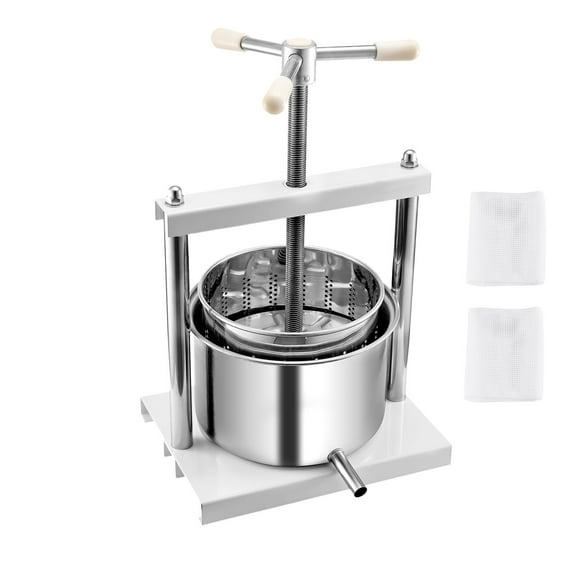 KFFKFF 1.45 Gal/5L Fruit Wine Squeezer, Pair of Stainless Steel Containers, Hand-Operated Juice Extractor, Cider Apple Grape Herbal Honey Olive Oil Production Tool with Triangular Grip