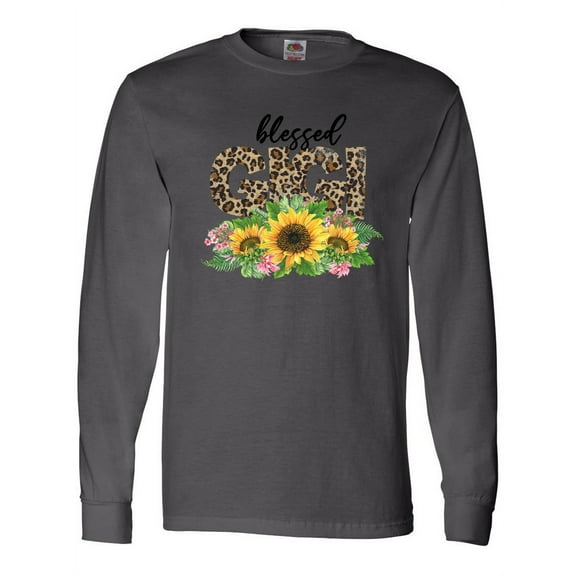 Inktastic Blessed Gigi Distressed Leopard Print and Sunflowers Long Sleeve T-Shirt